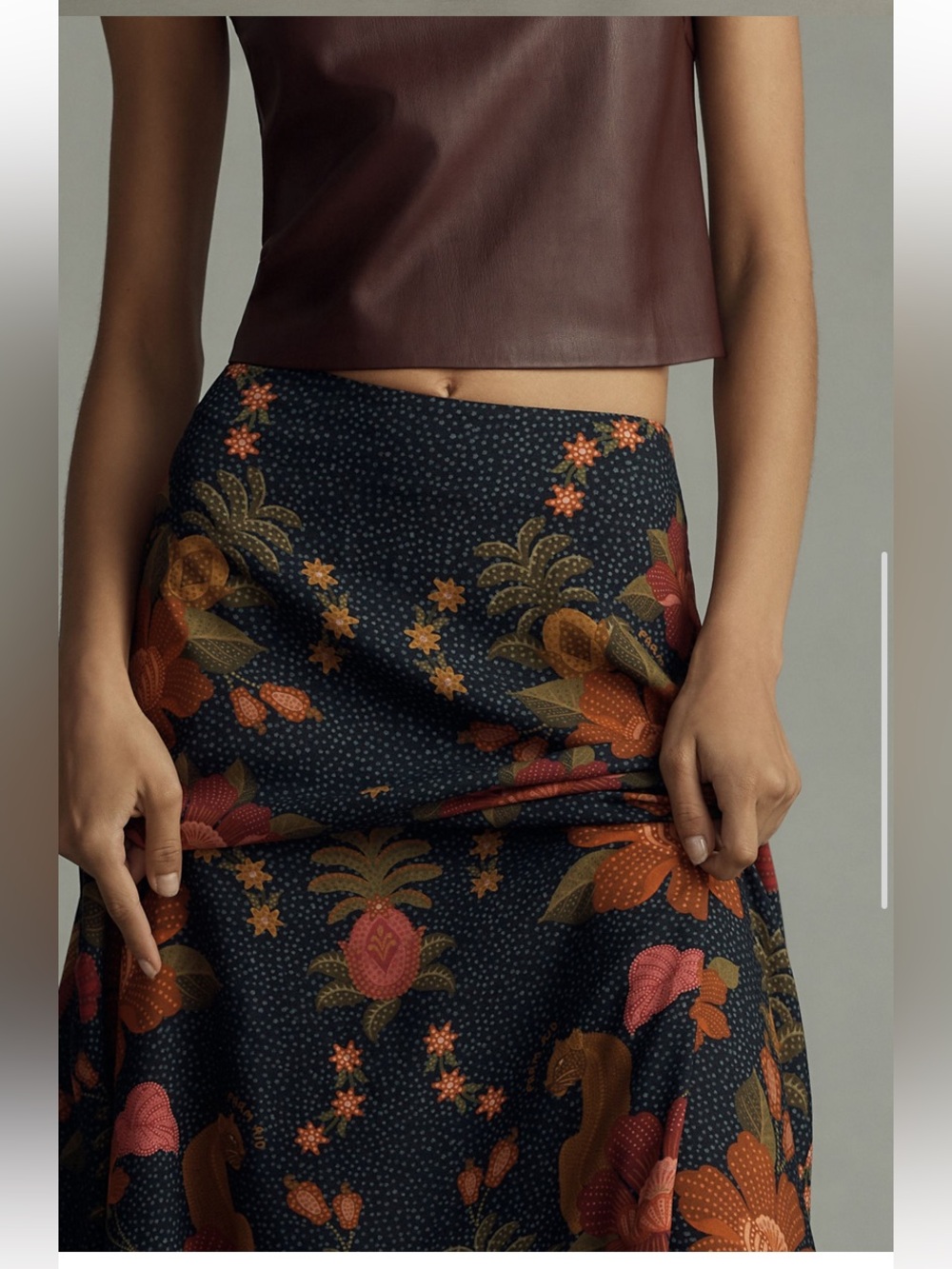 New Anthropologie Farm Rio Satin Slip Pineapple Floral Green Resort Midi Skirt M - Picture 4 of 9